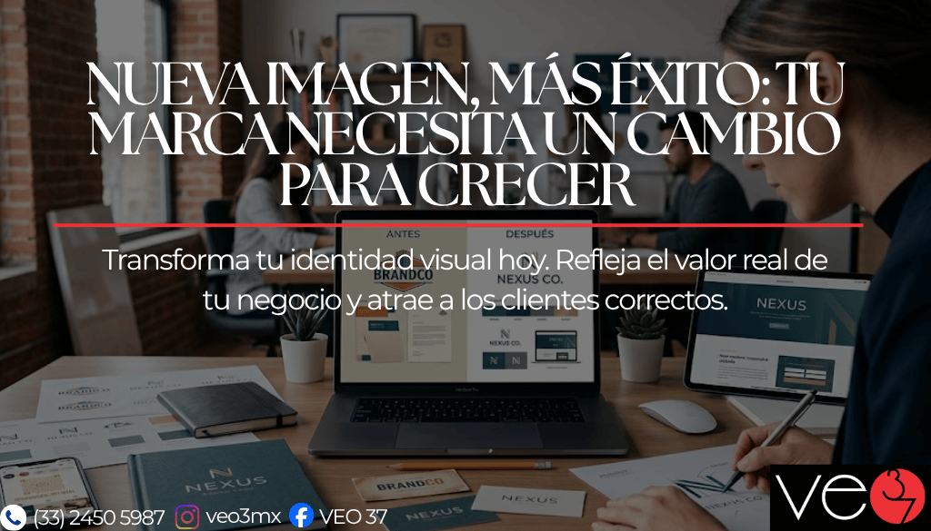 Muestra de un rediseño de imagen corporativa y rebranding para empresas en un estudio de diseño.